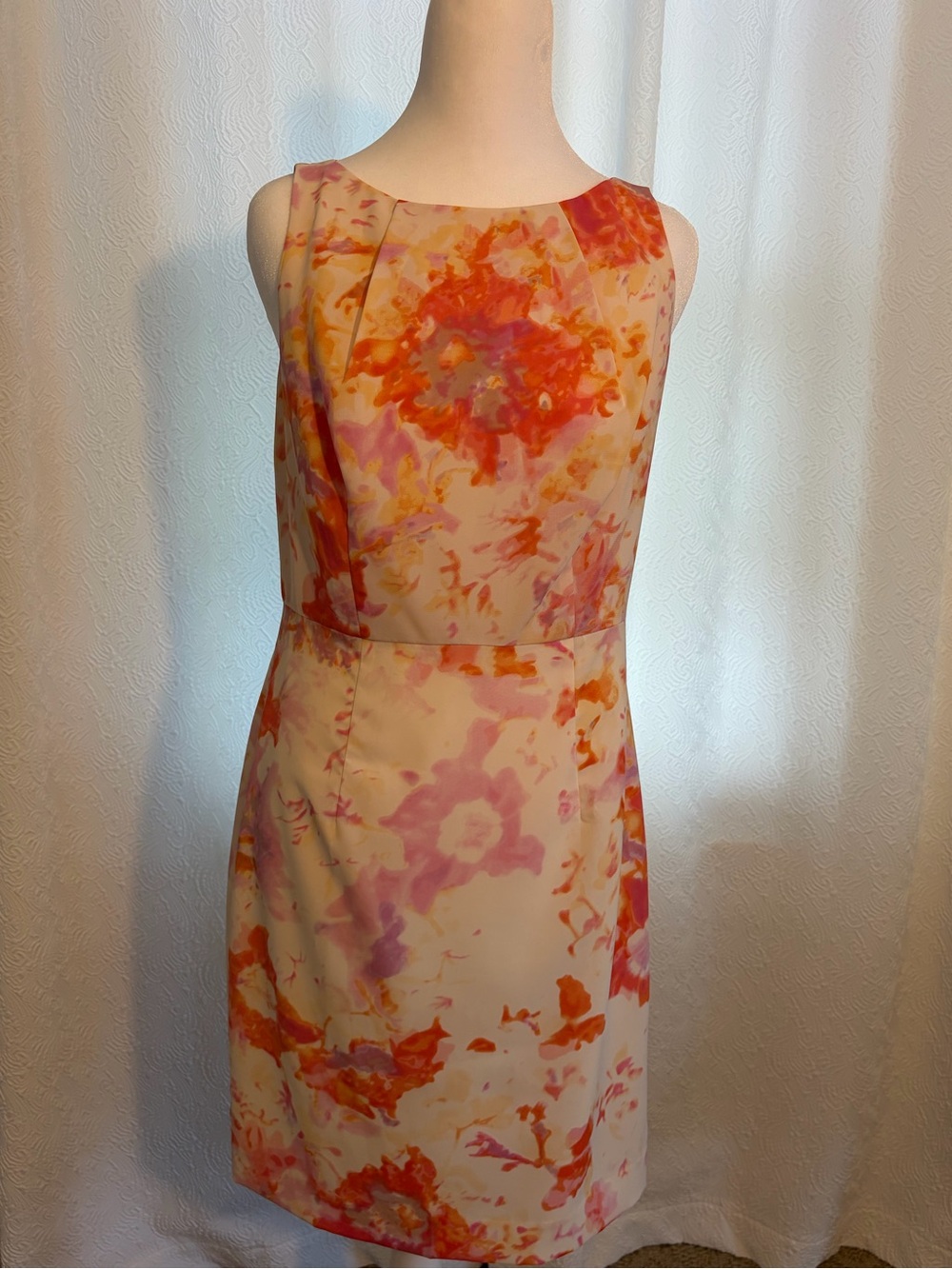 Ann Taylor Watercolor Floral Midi Dress in Cream, Orange and Pink